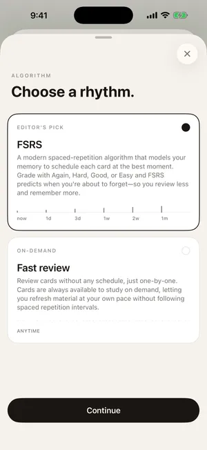 Vocaby spaced-repetition settings letting you choose the FSRS review rhythm or fast on-demand review