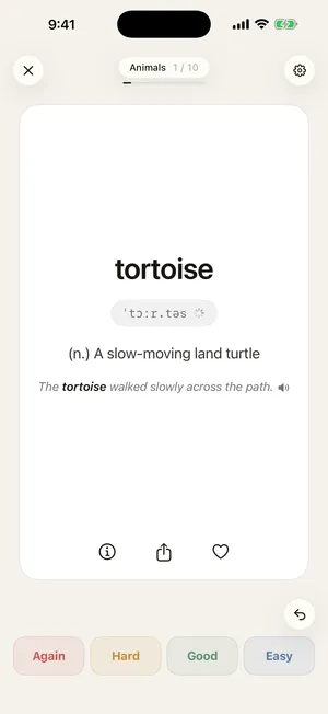 Vocaby word card for ‘tortoise’ showing IPA pronunciation, definition, an example sentence, and the Again / Hard / Good / Easy review buttons