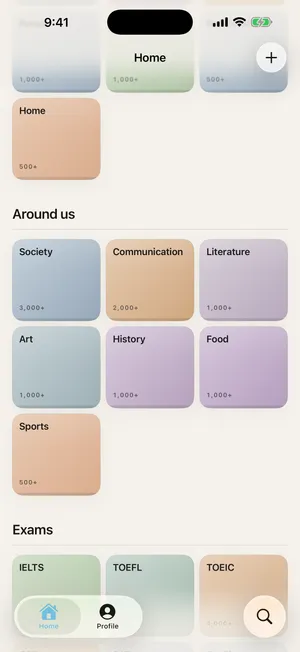 Vocaby home screen with curated vocabulary decks for Business, IELTS, Biology, Travel, and more, plus a learning streak