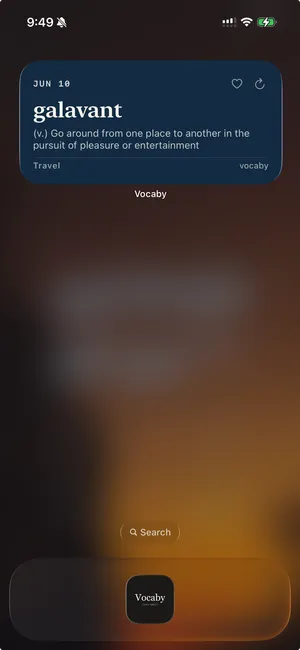 Vocaby home-screen widgets on iOS showing a word of the day with definition and pronunciation